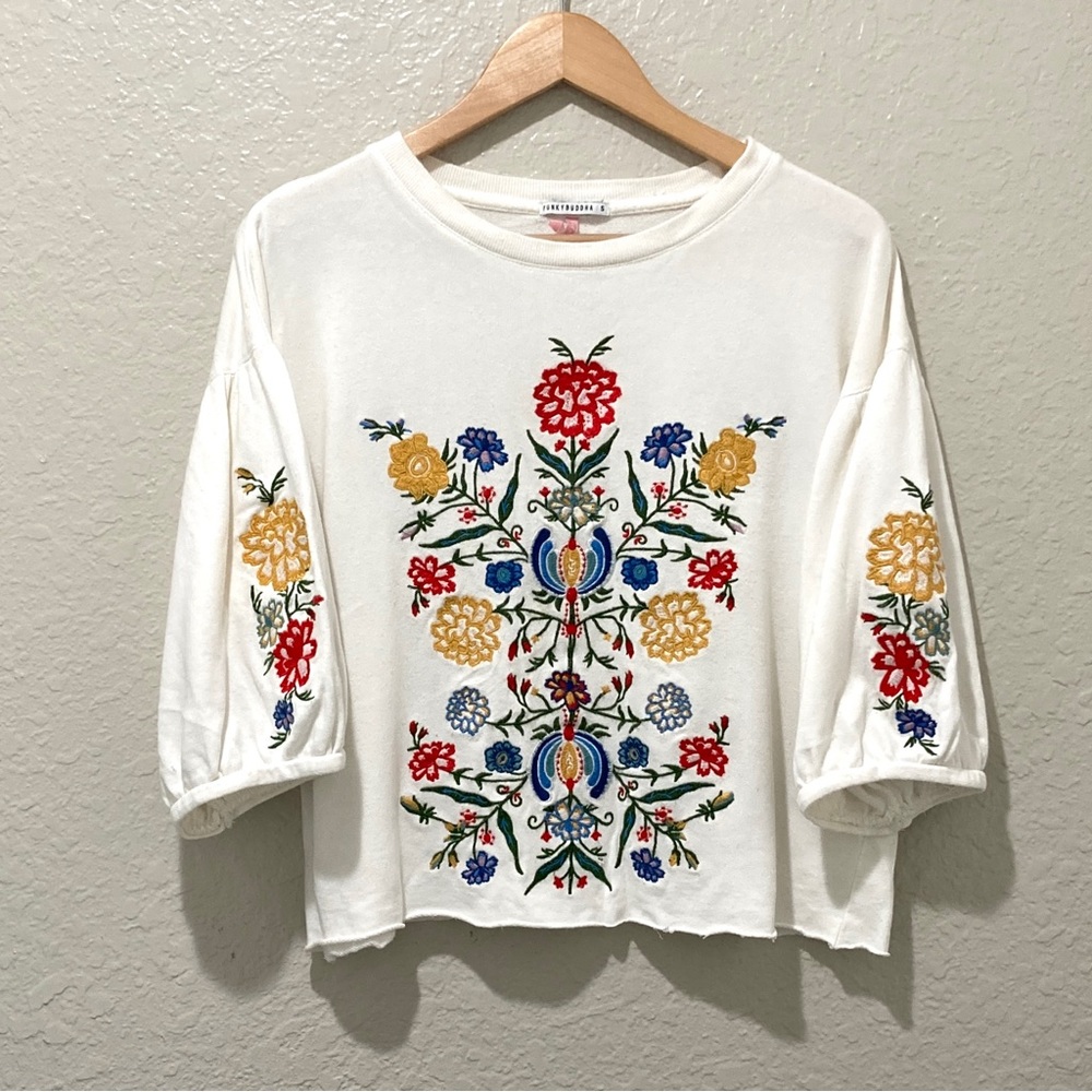 LAST CHANCE 😍 Funky Buddha Floral Embroidered Bell Sleeve Cut-off Blouse